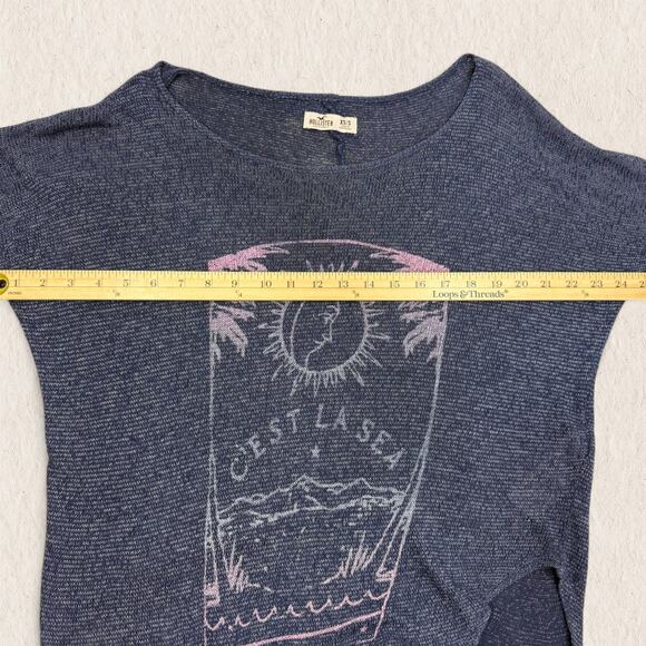 Hollister Sheer Knit Oversized Sweater XS/S Navy Blue Boho Moon Graphic Coastal - Picture 7 of 8